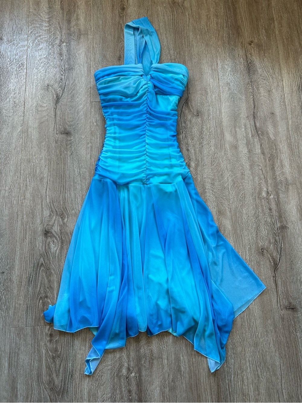 le chateau Y2K Turquoise Ruched Drop Waist Evening Dress